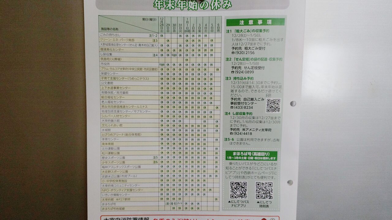 太宰府市公共施設の年末年始の休み